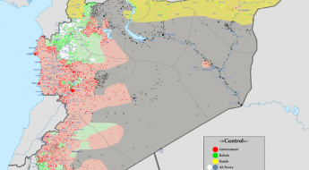Kontrollierte Gebiete in Syrien (Stand: Januar 2016, Wikipedia)