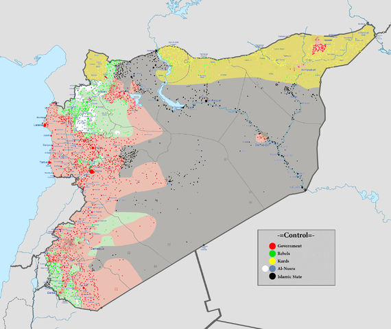 Kontrollierte Gebiete in Syrien (Stand: Januar 2016, Wikipedia)